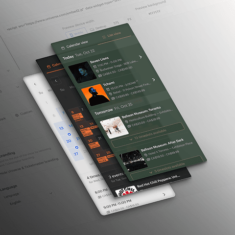 Customizable ticketing widget — theming mockup
